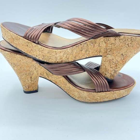Cole Haan Sz 7B Copper Metallic Cork Wedge Platform Sandals Slip On S2 - Picture 5 of 7